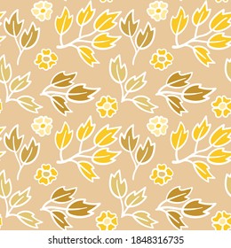 Patrón inmaculado con adorno floral dibujado a mano. Los colores beige y dorado. Para el diseño de papel de envoltura textil o de regalo