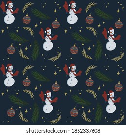 Seamless pattern with hand drawn  floral branches, snowmans, toys and christmas florals. Repeating background for wrapping paper, fabric, stationary products decoration.