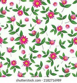 Nahtloses Muster mit handgezeichneten Blumenelementen. Farbenfroh und romantisch, geeignet für Textilien oder Drucke jeder Art. rosafarbene Blumen mit grünen Ästen auf weißem Hintergrund.