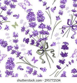 Seamless pattern with hand drawn floral elements in engraving style - fragrant lavender. Vector illustration.