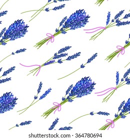Seamless pattern with hand drawn floral elements- fragrant lavender. Vector illustration in bright blue tone.
