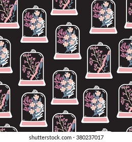 Seamless pattern with hand drawn floral terrariums. Plant pendant with dried flowers, moss and berries. Vector illustration