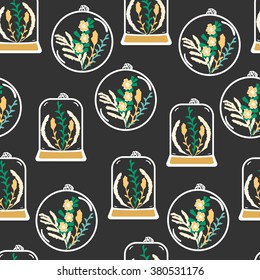 Seamless pattern with hand drawn floral terrariums. Plant pendant with dried flowers, moss and berries. Colorful vector illustration