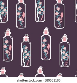 Seamless pattern with hand drawn floral terrariums. Plant pendant with dried flowers, moss and berries. Colorful vector illustration