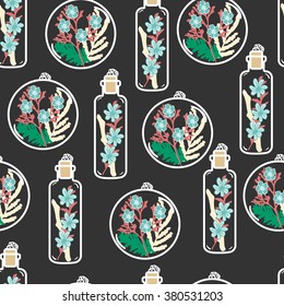 Seamless pattern with hand drawn floral terrariums. Plant pendant with dried flowers, moss and berries. Colorful vector illustration