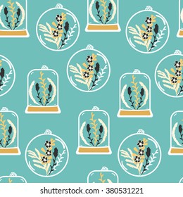 Seamless pattern with hand drawn floral terrariums. Plant pendant with dried flowers, moss and berries. Colorful vector illustration