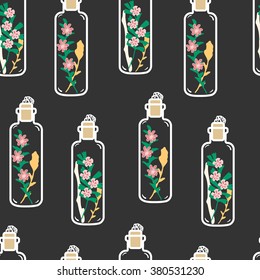 Seamless pattern with hand drawn floral terrariums. Plant pendant with dried flowers, moss and berries. Colorful vector illustration