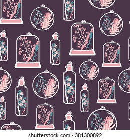 Seamless pattern with hand drawn floral terrariums. Plant pendant with dried flowers, moss and berries. Colorful vector illustration