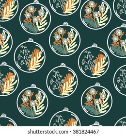 Seamless pattern with hand drawn floral terrariums. Plant pendant with dried flowers, moss and berries. Colorful vector illustration