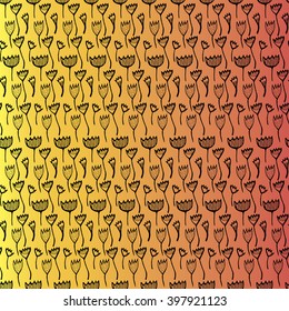 Seamless pattern with hand drawn floral elements on yellow and red gradient background. Vector illustration for fabric, textile, wallpaper, wrapping paper design.