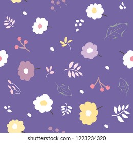 Seamless Pattern of Hand Drawn Flower Design on Violet Background