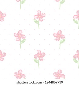 Seamless Pattern of Hand Drawn Flower Design on White Background with Pink Dots