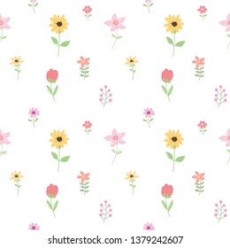 Seamless Pattern with Hand Drawn Flower Art Design on White Background