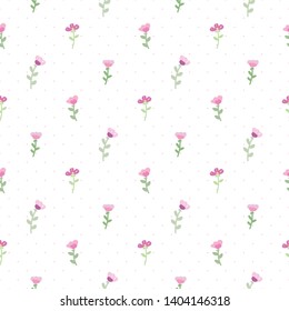 Seamless Pattern with Hand Drawn Flower Design on White Background with Pink Dots