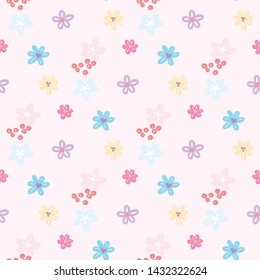 Seamless Pattern with Hand Drawn Flower Art Design on Light Pink Background