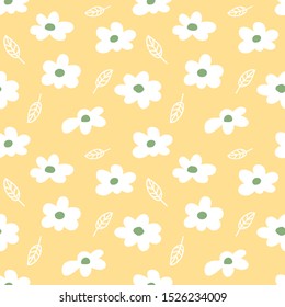 Seamless Pattern of Hand Drawn Flower and Leaf Design on Yellow Background