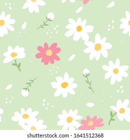 Seamless Pattern of Hand Drawn Flower Art Design on Green Background