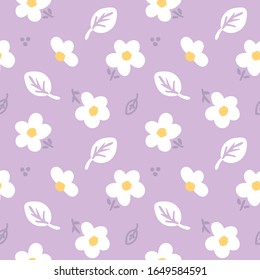 Seamless Pattern of Hand Drawn Flower and Leaf Design on Violet Background