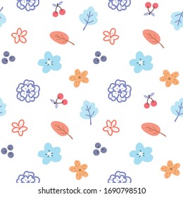 Seamless Pattern of Hand Drawn Flower and Leaf Art Design on White Background