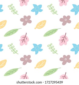 Patrón sin soldadura con flor dibujada a mano y diseño de hojas en fondo blanco