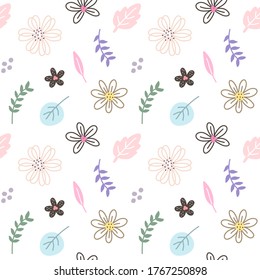Patrón sin soldadura con flor dibujada a mano y diseño de arte de hoja en fondo blanco