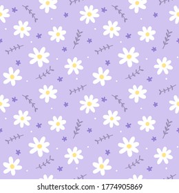 Seamless Pattern with Hand Drawn Flower and Leaf Design on Light Violet Background