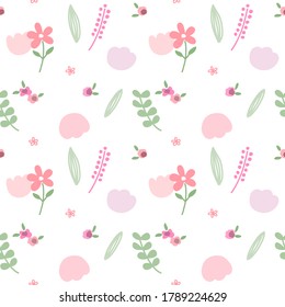Patrón sin soldadura con flor dibujada a mano y diseño de hojas en fondo blanco