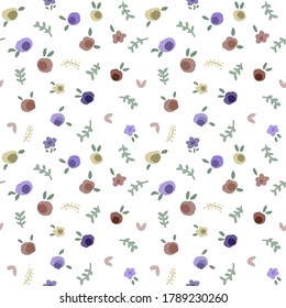 Seamless Pattern of Hand Drawn Flower and Leaf Art Design on White Background