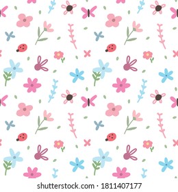 Seamless Pattern with Hand Drawn Flower and Leaf Design on White Background