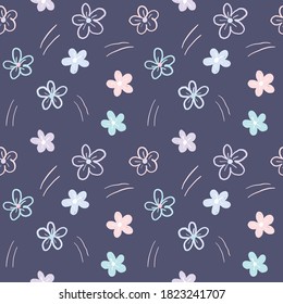 Seamless Pattern of Hand Drawn Flower Art Design on Dark Blue Background