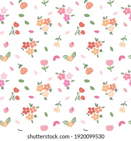 Seamless Pattern with Hand Drawn Flower Art Design on White Background