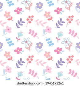 Patrón sin soldadura con flor dibujada a mano y diseño de hojas en fondo blanco