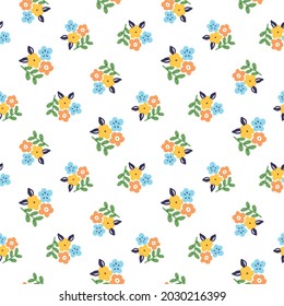 Seamless Pattern of Hand Drawn Flower and Leaf Art Design on White Background