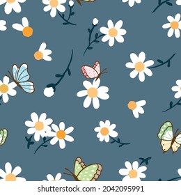 Seamless Pattern with Hand Drawn Flower and Butterfly Design on Dark Blue Background