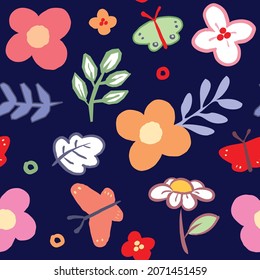 Seamless Pattern with Hand Drawn Flower, Leaf and Butterfly Design on Dark Blue Background