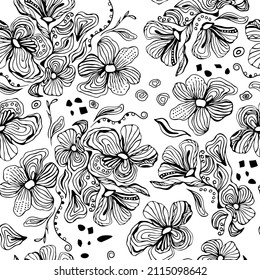 Seamless pattern from hand drawn flower in zen graphic style. Black ink wavy lines tattoo design element sketch. Vector illustration isolated on white background.