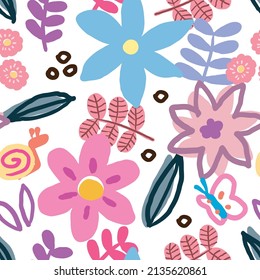 Diseño de flores y de hojas dibujadas a mano en fondo blanco