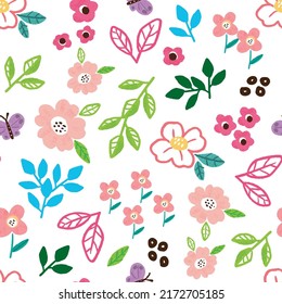 Seamless Pattern with Hand Drawn Flower and Leaf Art Design on White Background