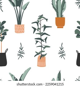 Seamless pattern with hand drawn flower pots. Flat style, simple doodle home plants. Botany hand drawn illustrations of gardening. Urban jungle texture. Spring time. Natural trendy decor