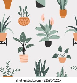 Seamless pattern with hand drawn flower pots on grey. Flat style, simple doodle home plants. Botany hand drawn illustrations of gardening. Urban jungle texture. Spring time. Natural trendy decor