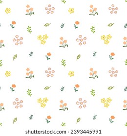 Seamless Pattern with Hand Drawn Flower and Leaf Design on White Background