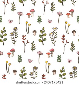 Seamless Pattern with Hand Drawn Flower and Leaf Design on White Background