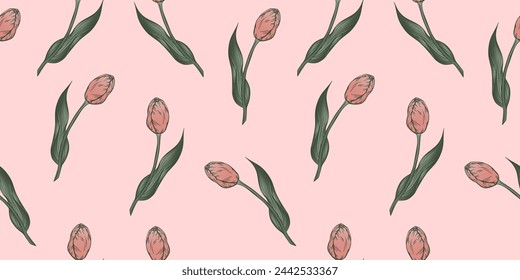 Seamless pattern with hand drawn flower of tulips. Perfect for wallpaper, wrapping paper, textile products, print, web sites, background, social media, blog, presentation and greeting cards.