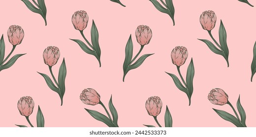 Seamless pattern with hand drawn flower of tulips. Perfect for wallpaper, wrapping paper, textile products, print, web sites, background, social media, blog, presentation and greeting cards.