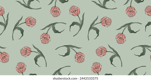 Seamless pattern with hand drawn flower of tulips. Perfect for wallpaper, wrapping paper, textile products, print, web sites, background, social media, blog, presentation and greeting cards.