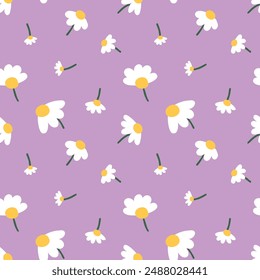 Seamless Pattern with Hand Drawn Flower Design on Violet Background