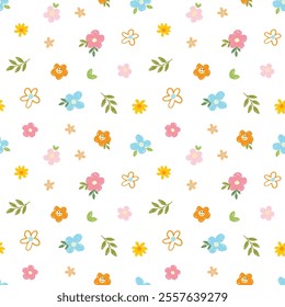 Seamless Pattern with Hand Drawn Flower and Leaf Design on White Background
