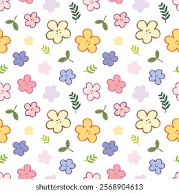 Seamless Pattern with Hand Drawn Flower and Leaf Design on White Background. Hand Drawn Vector Illustration. Not AI Generated.