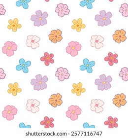 Seamless Pattern with Hand Drawn Flower Design on White Background. Hand Drawn Vector Illustration. Not AI Generated.