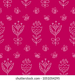 Seamless pattern with hand drawn flowers. Colorful pattern in line style, can use for wrapping paper, holidays background